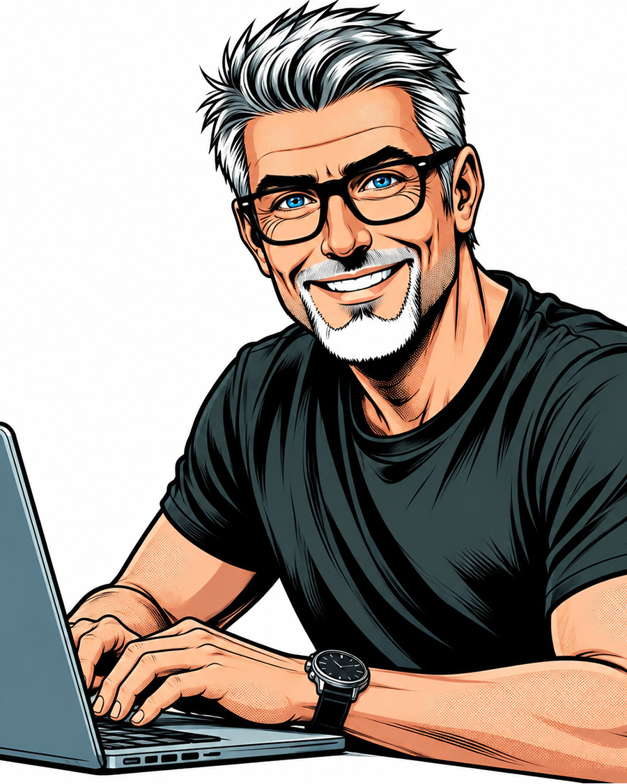 Illustrated portrait of author William Gayheart at his laptop